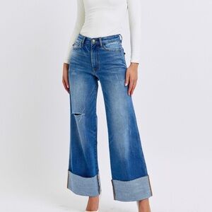 Judy Blue Distressed Wide-Leg Jeans in Classic Blue